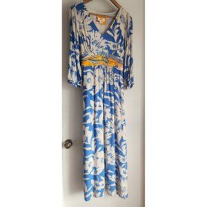 Maeve Anthropologie Belted Kimono Maxi Dress Long Sleeve Blue Floral Sz 8 V Neck